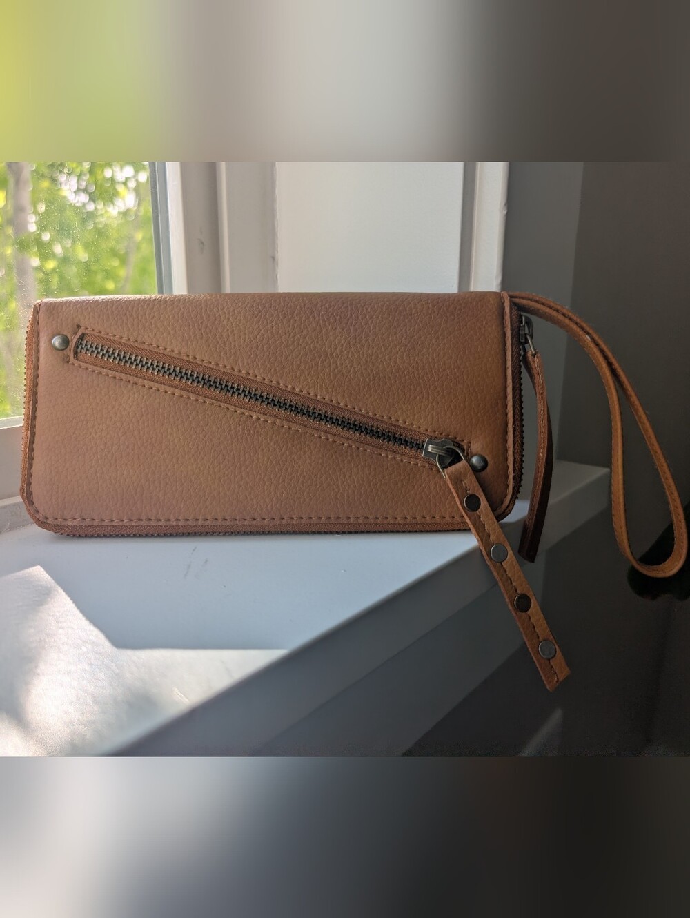 Free People Tan Vegan Leather Wristlet Wallet with Diagonal Zip